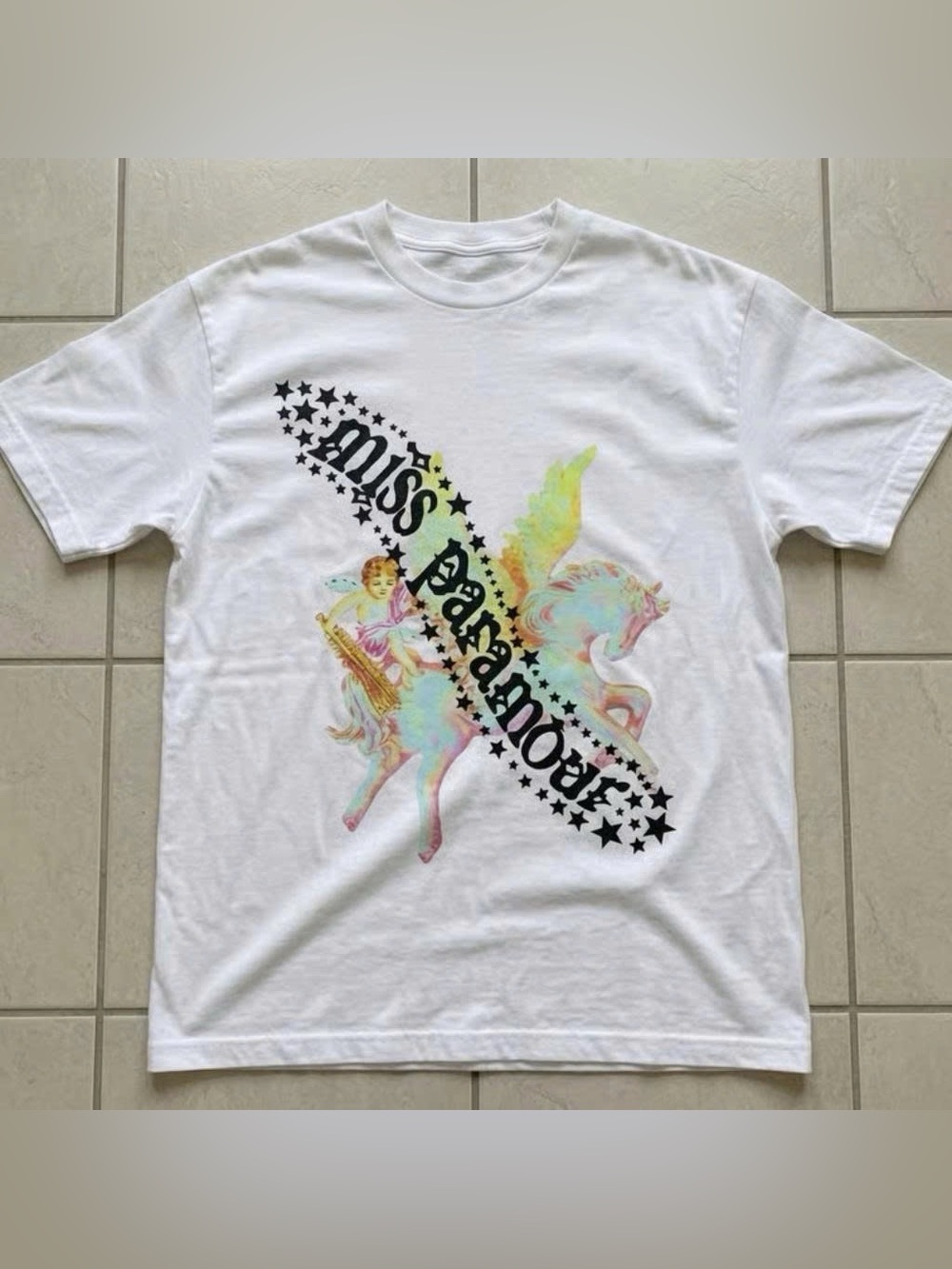 Vintage White Tee with Pastel Carousel Horse and Black Star Diagonal Band